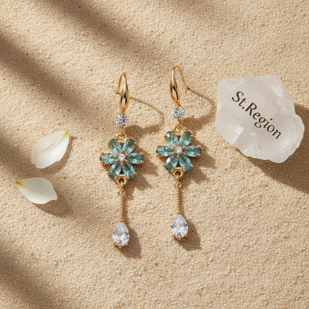 Sea Blue Crystal and Cubic Zirconia Goldtone Flower Drop Hook Earrings, gold drop earrings for women, detail close-up