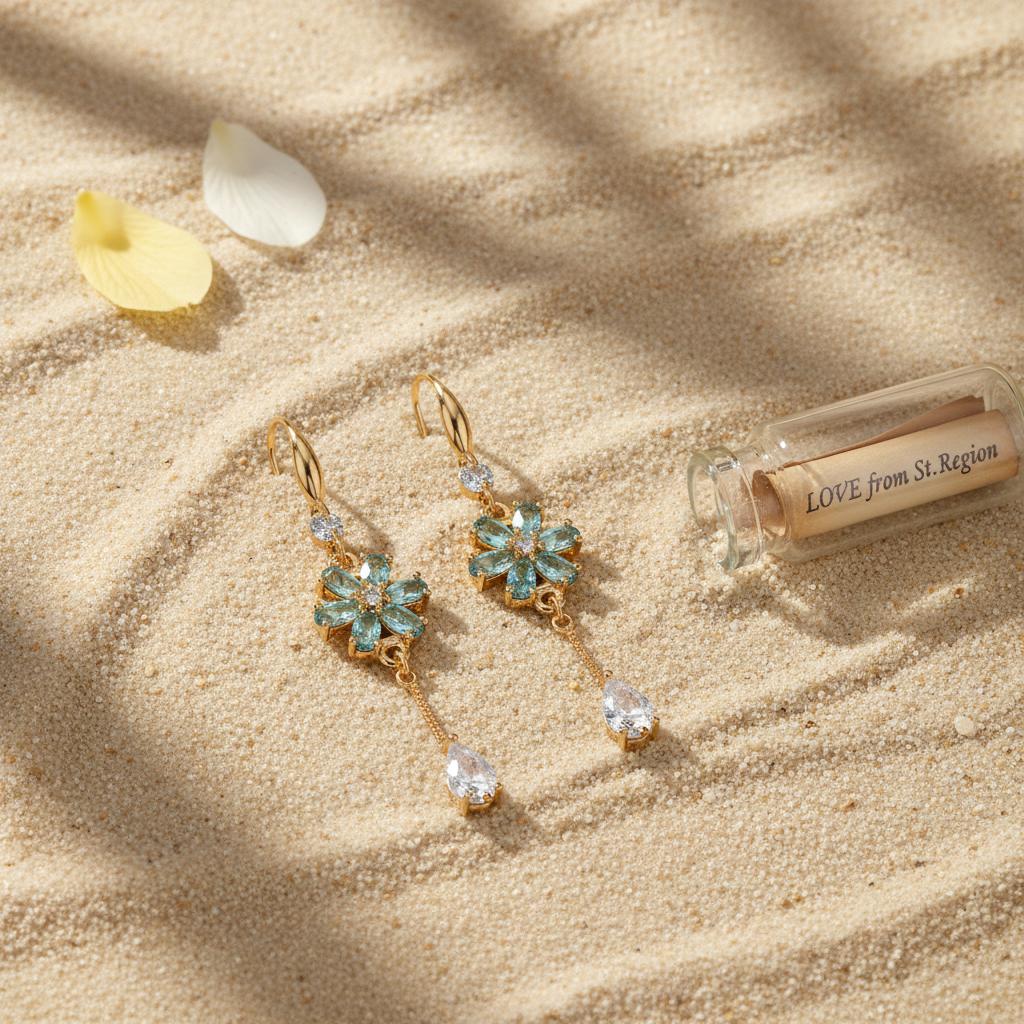 Sea Blue Crystal and Cubic Zirconia Goldtone Flower Drop Hook Earrings, gold drop earrings for women, lifestyle look