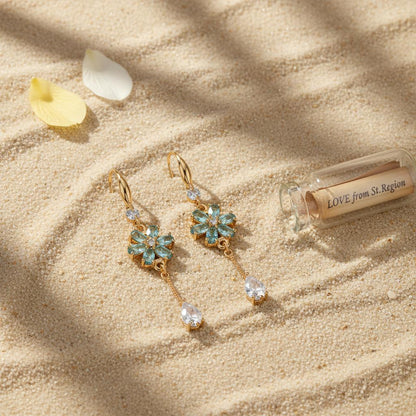 Sea Blue Crystal and Cubic Zirconia Goldtone Flower Drop Hook Earrings, gold drop earrings for women, lifestyle look