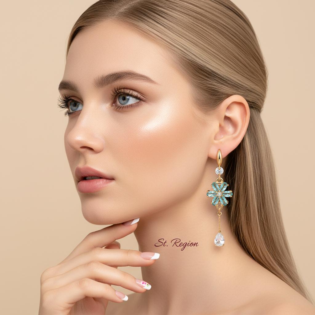 Sea Blue Crystal and Cubic Zirconia Goldtone Flower Drop Hook Earrings, gold drop earrings for women, styled look