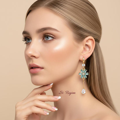 Sea Blue Crystal and Cubic Zirconia Goldtone Flower Drop Hook Earrings, gold drop earrings for women, styled look