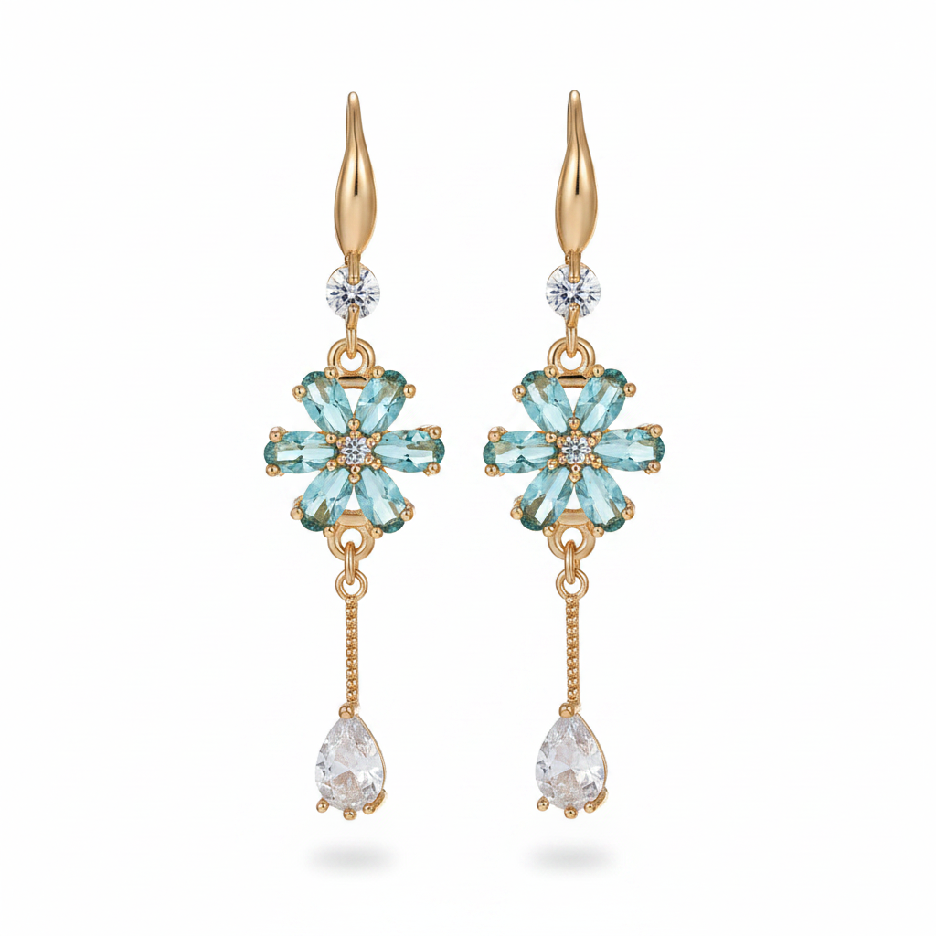 Sea Blue Crystal & Cubic Zirconia Goldtone Flower Drop Hook Earrings - Street Region