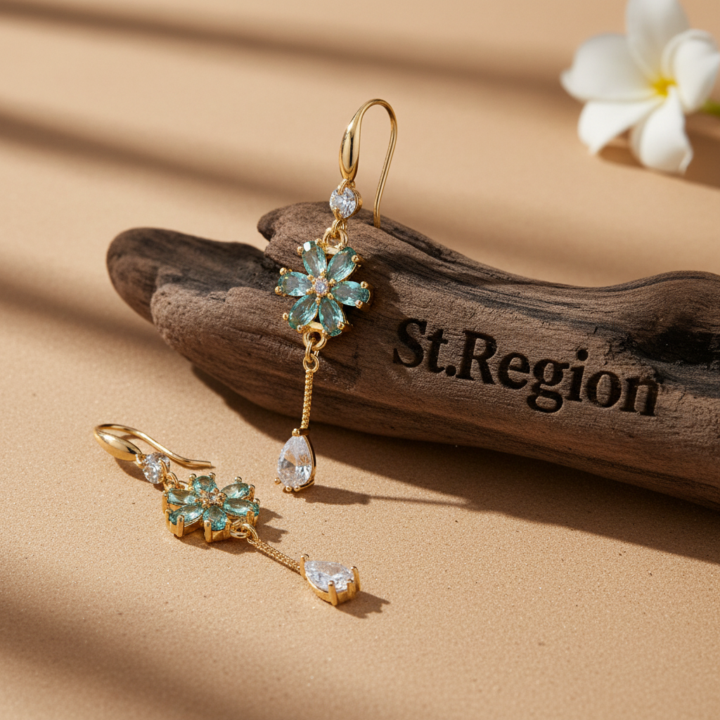 Sea Blue Crystal & Cubic Zirconia Goldtone Flower Drop Hook Earrings - Street Region