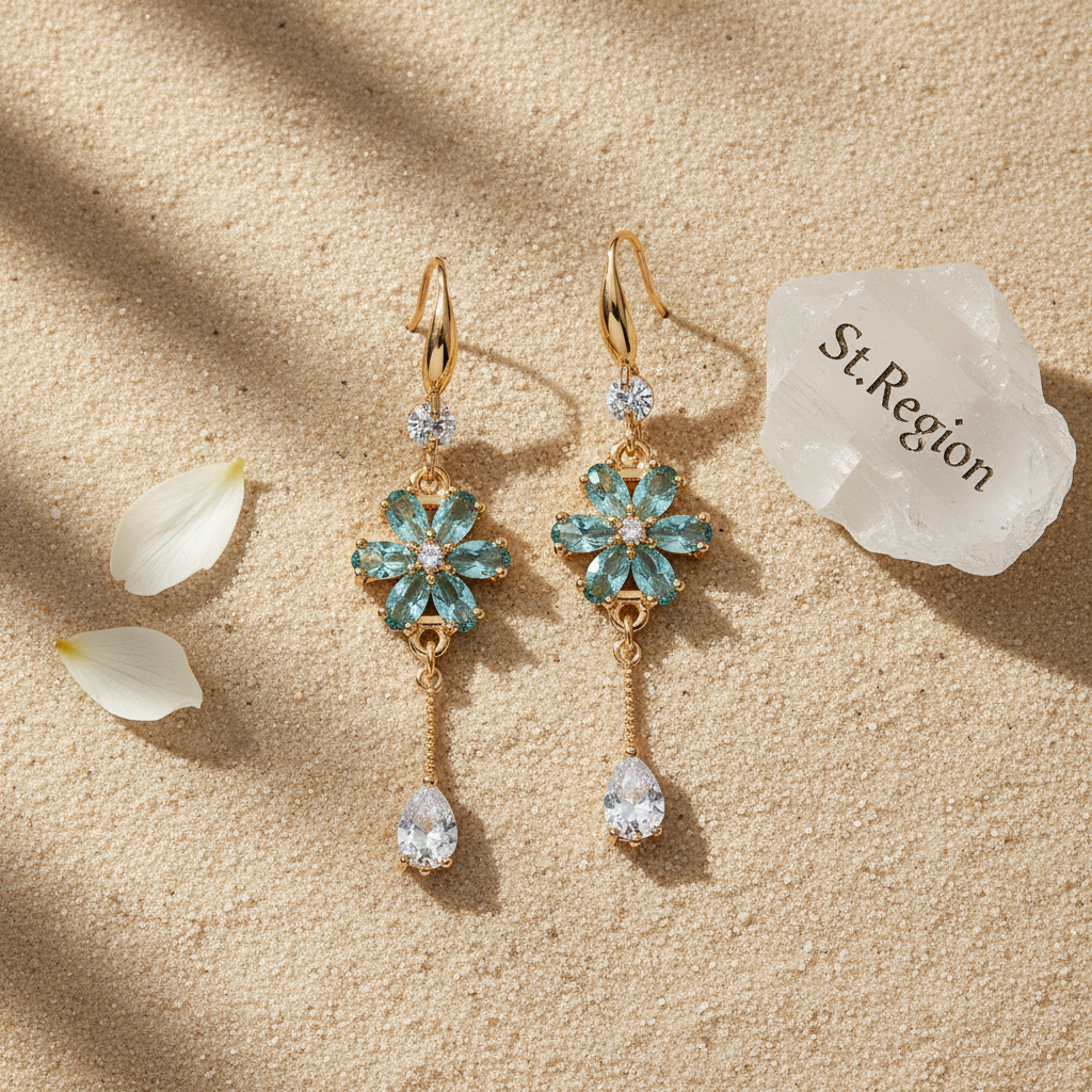 Sea Blue Crystal & Cubic Zirconia Goldtone Flower Drop Hook Earrings - Street Region