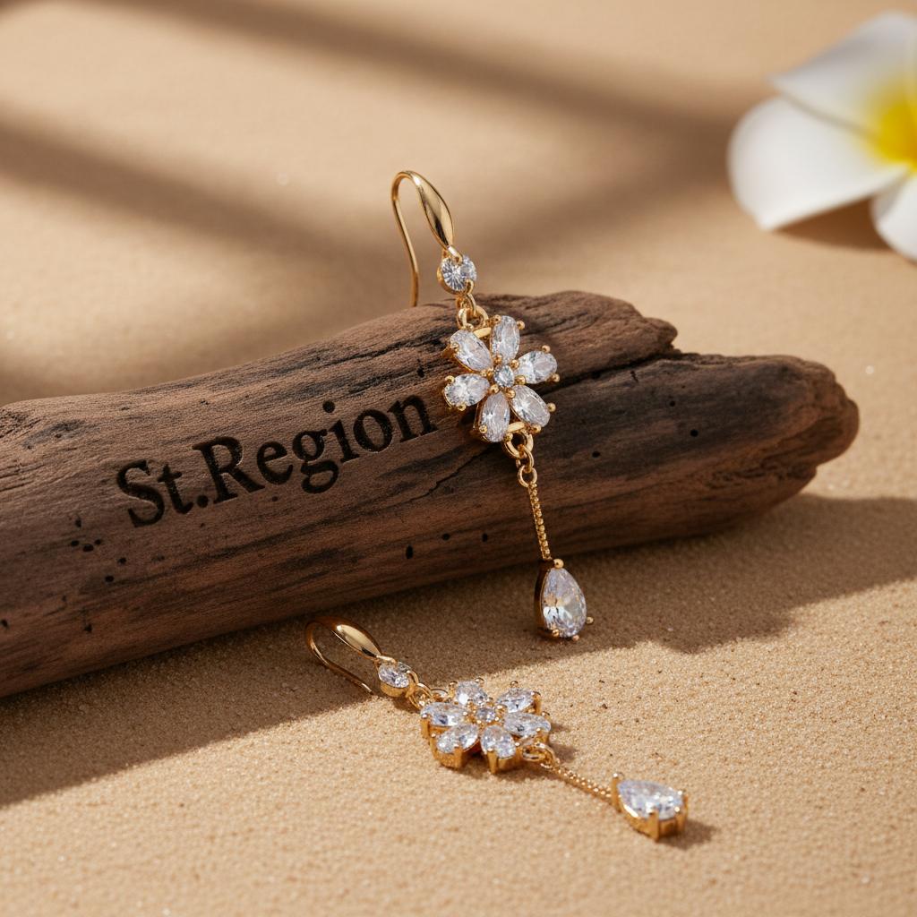 White Crystal and Cubic Zirconia Goldtone Flower Drop Hook Earrings, gold drop earrings for women, everyday style, front view