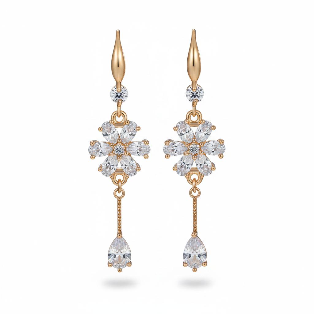White Crystal and Cubic Zirconia Goldtone Flower Drop Hook Earrings, gold drop earrings for women, everyday style, side view