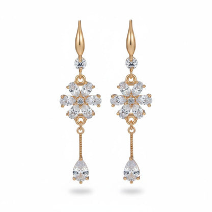 White Crystal and Cubic Zirconia Goldtone Flower Drop Hook Earrings, gold drop earrings for women, everyday style, side view