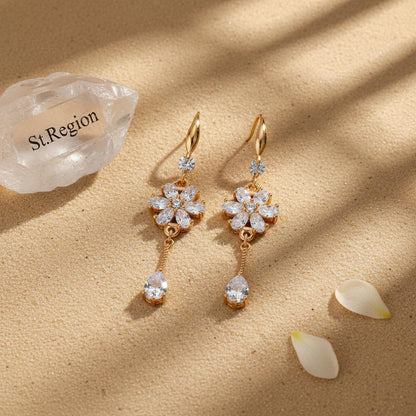 White Crystal and Cubic Zirconia Goldtone Flower Drop Hook Earrings, gold drop earrings for women, detail close-up