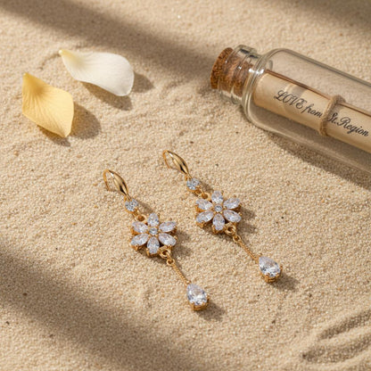 White Crystal and Cubic Zirconia Goldtone Flower Drop Hook Earrings, gold drop earrings for women, lifestyle look