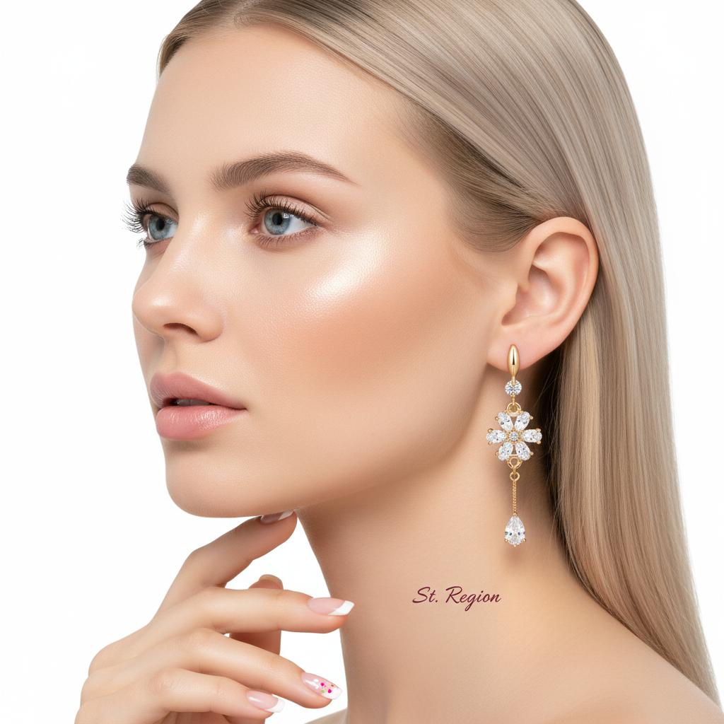 White Crystal and Cubic Zirconia Goldtone Flower Drop Hook Earrings, gold drop earrings for women, styled look