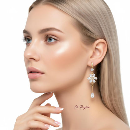 White Crystal and Cubic Zirconia Goldtone Flower Drop Hook Earrings, gold drop earrings for women, styled look