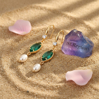 Emerald Marquise Crystal and Pearl Goldtone Hook Earrings, gold drop earrings for women, detail close-up