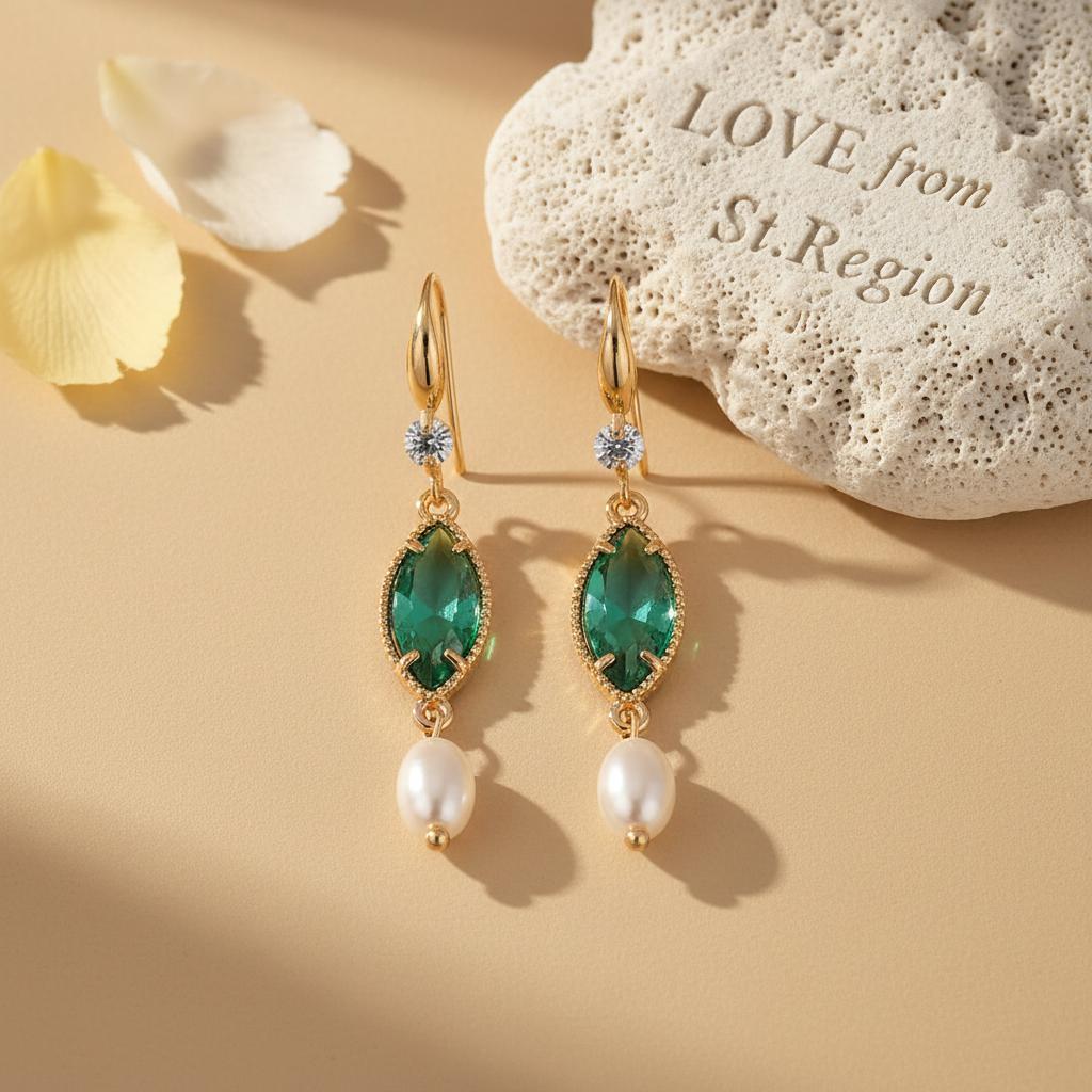 Emerald Marquise Crystal and Pearl Goldtone Hook Earrings, gold drop earrings for women, lifestyle look