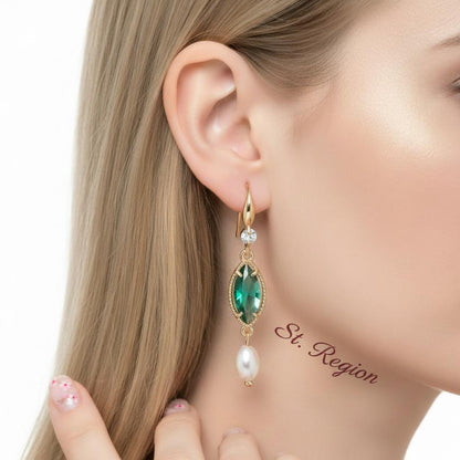 Emerald Marquise Crystal and Pearl Goldtone Hook Earrings, gold drop earrings for women, vintage-inspired design, styled look