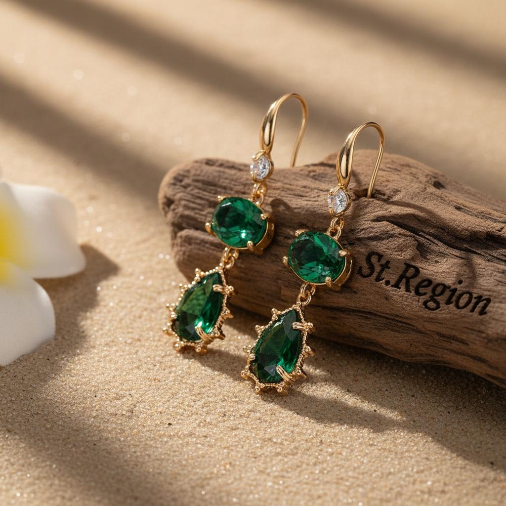 Emerald Crystal and Cubic Zirconia Goldtone Tiered Oval Pear Hook Earrings, gold drop earrings for women, front view