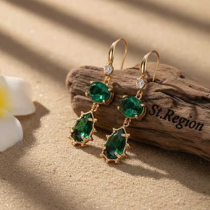 Emerald Crystal and Cubic Zirconia Goldtone Tiered Oval Pear Hook Earrings, gold drop earrings for women, front view
