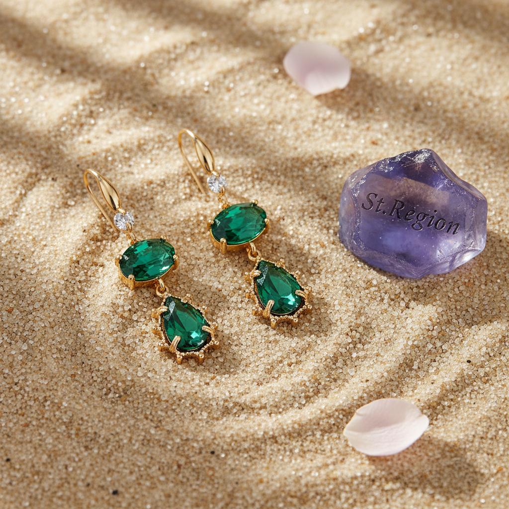 Emerald Crystal and Cubic Zirconia Goldtone Tiered Oval Pear Hook Earrings, gold drop earrings for women, detail close-up