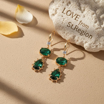Emerald Crystal and Cubic Zirconia Goldtone Tiered Oval Pear Hook Earrings, gold drop earrings for women, lifestyle look