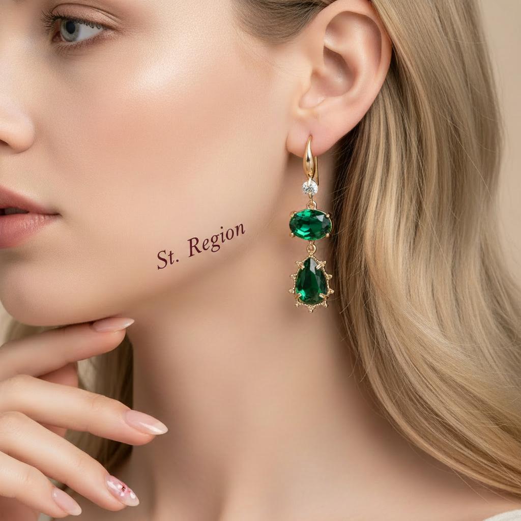 Emerald Crystal and Cubic Zirconia Goldtone Tiered Oval Pear Hook Earrings, gold drop earrings for women, styled look