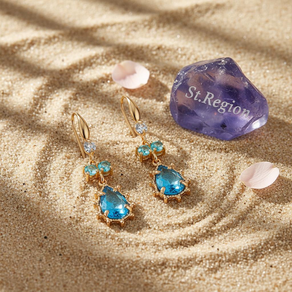 Blue Crystal and Cubic Zirconia Goldtone Teardrop Hook Earrings, gold drop earrings for women, detail close-up