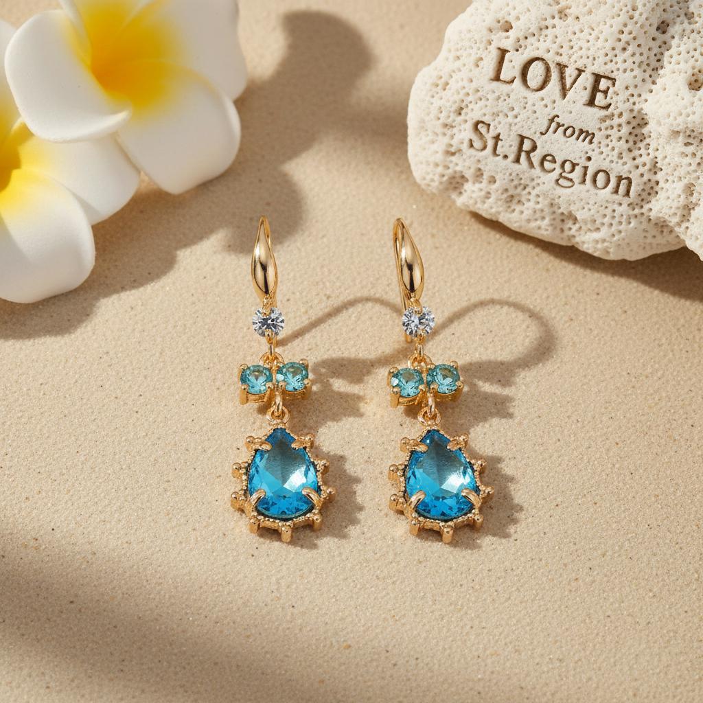 Blue Crystal and Cubic Zirconia Goldtone Teardrop Hook Earrings, gold drop earrings for women, lifestyle look