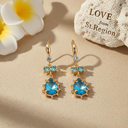Blue Crystal and Cubic Zirconia Goldtone Teardrop Hook Earrings, gold drop earrings for women, lifestyle look