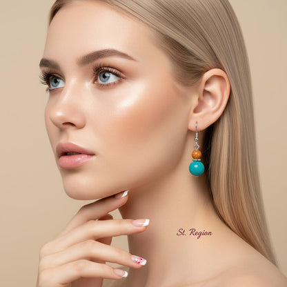 Orange and Blue Jade Silvertone ‌Gourd‌-Shape Hook Earrings, silver drop earrings for women, botanical inspired, styled look