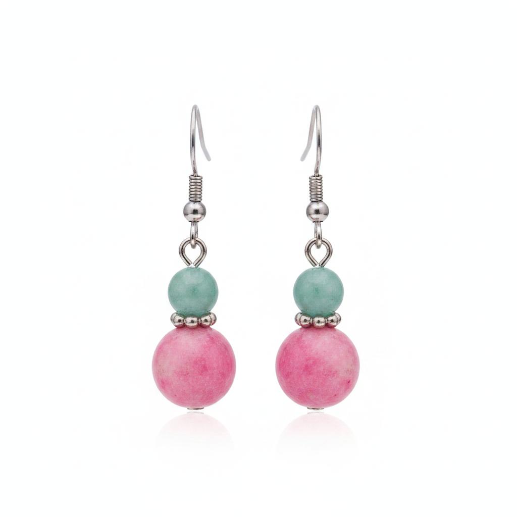 Pink Jade and Silvertone ‌Gourd-Shape Hook Earrings, silver drop earrings for women, dainty minimalist design, side view