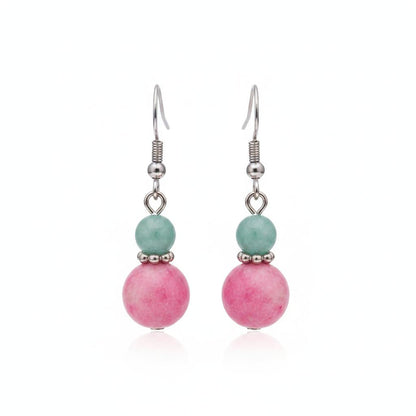Pink Jade and Silvertone ‌Gourd-Shape Hook Earrings, silver drop earrings for women, dainty minimalist design, side view