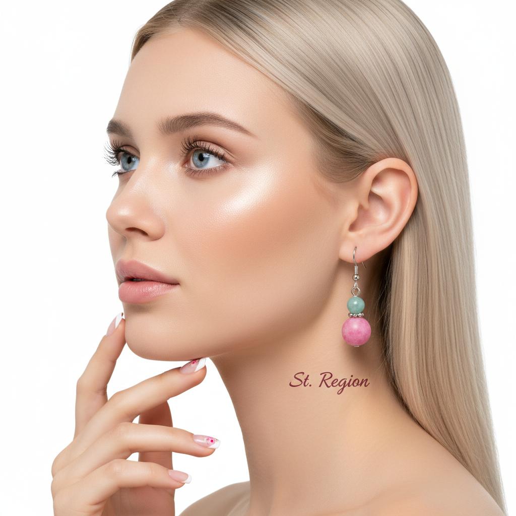 Pink Jade and Silvertone ‌Gourd-Shape Hook Earrings, silver drop earrings for women, dainty minimalist design, styled look