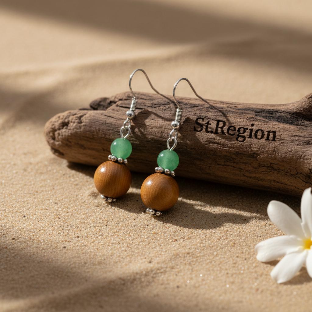 Green Jade and Brown Wood Silvertone ‌Gourd-Shape Hook Earrings, gold drop earrings for women, front view