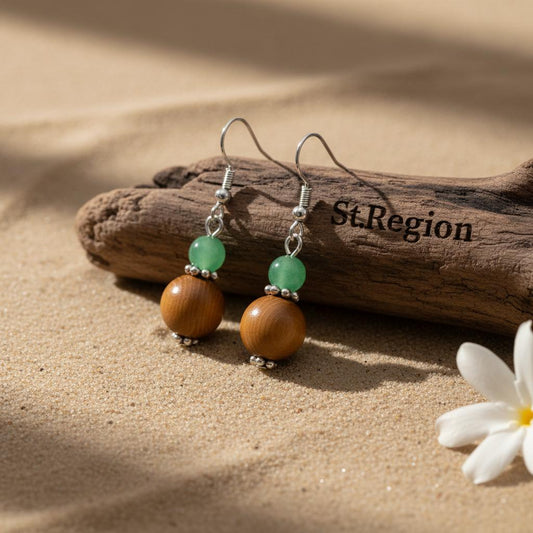 Green Jade & Brown Wood Silvertone ‌Gourd‌-Shape Hook Earrings