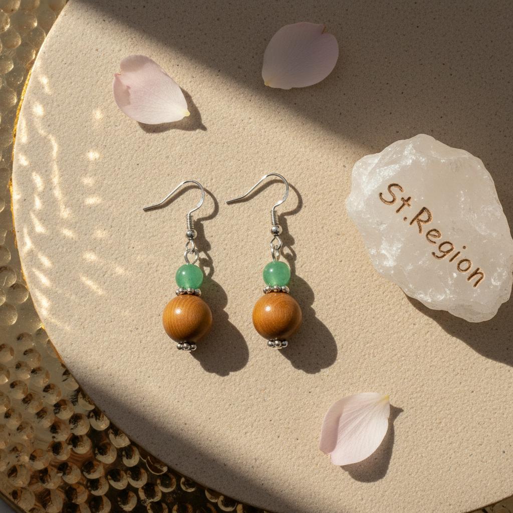Green Jade and Brown Wood Silvertone ‌Gourd-Shape Hook Earrings, gold drop earrings for women, detail close-up