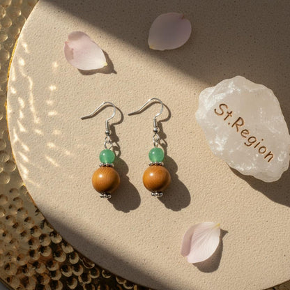 Green Jade and Brown Wood Silvertone ‌Gourd-Shape Hook Earrings, gold drop earrings for women, detail close-up