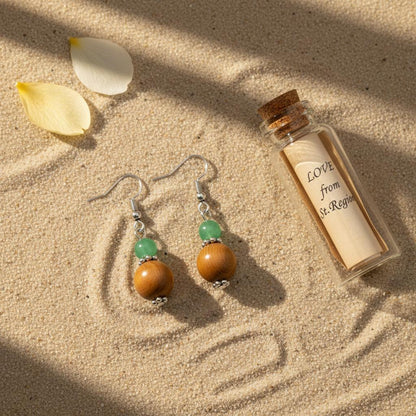 Green Jade and Brown Wood Silvertone ‌Gourd-Shape Hook Earrings, gold drop earrings for women, lifestyle look