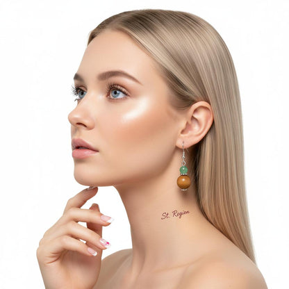 Green Jade and Brown Wood Silvertone ‌Gourd-Shape Hook Earrings, gold drop earrings for women, styled look