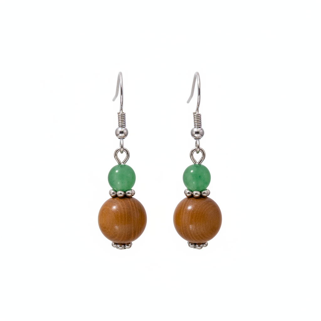 Green Jade & Brown Wood Silvertone ‌Gourd‌-Shape Hook Earrings - Street Region