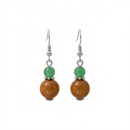 Green Jade & Brown Wood Silvertone ‌Gourd‌-Shape Hook Earrings - Street Region