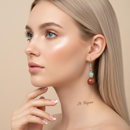 Pink and Brown Jade Silvertone ‌Gourd-Shape Hook Earrings, gold drop earrings for women, vintage-inspired design, styled look