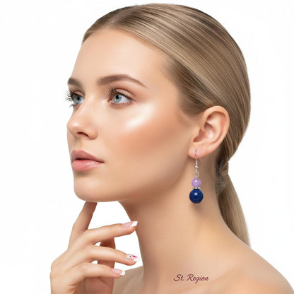 Purple and Cyan Jade Silvertone ‌Gourd-Shape Hook Earrings, silver drop earrings for women, everyday style, styled look
