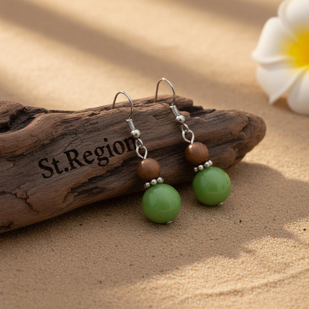 Green Wood and Jade Silvertone ‌Gourd-Shape Hook Earrings, gold drop earrings for women, everyday style, front view