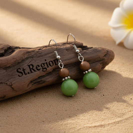 Green Wood & Jade Silvertone ‌Gourd‌-Shape Hook Earrings