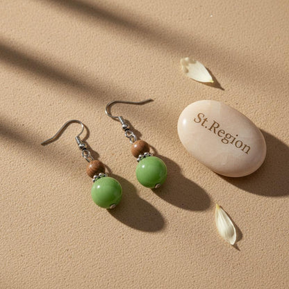 Green Wood and Jade Silvertone ‌Gourd-Shape Hook Earrings, gold drop earrings for women, everyday style, detail close-up
