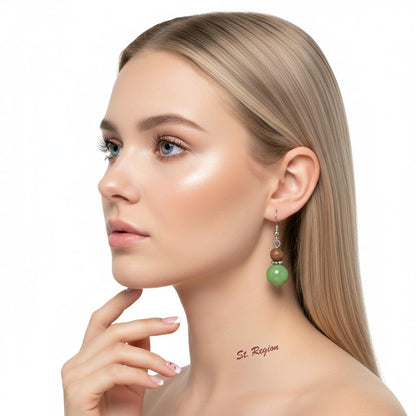 Green Wood and Jade Silvertone ‌Gourd-Shape Hook Earrings, gold drop earrings for women, everyday style, styled look