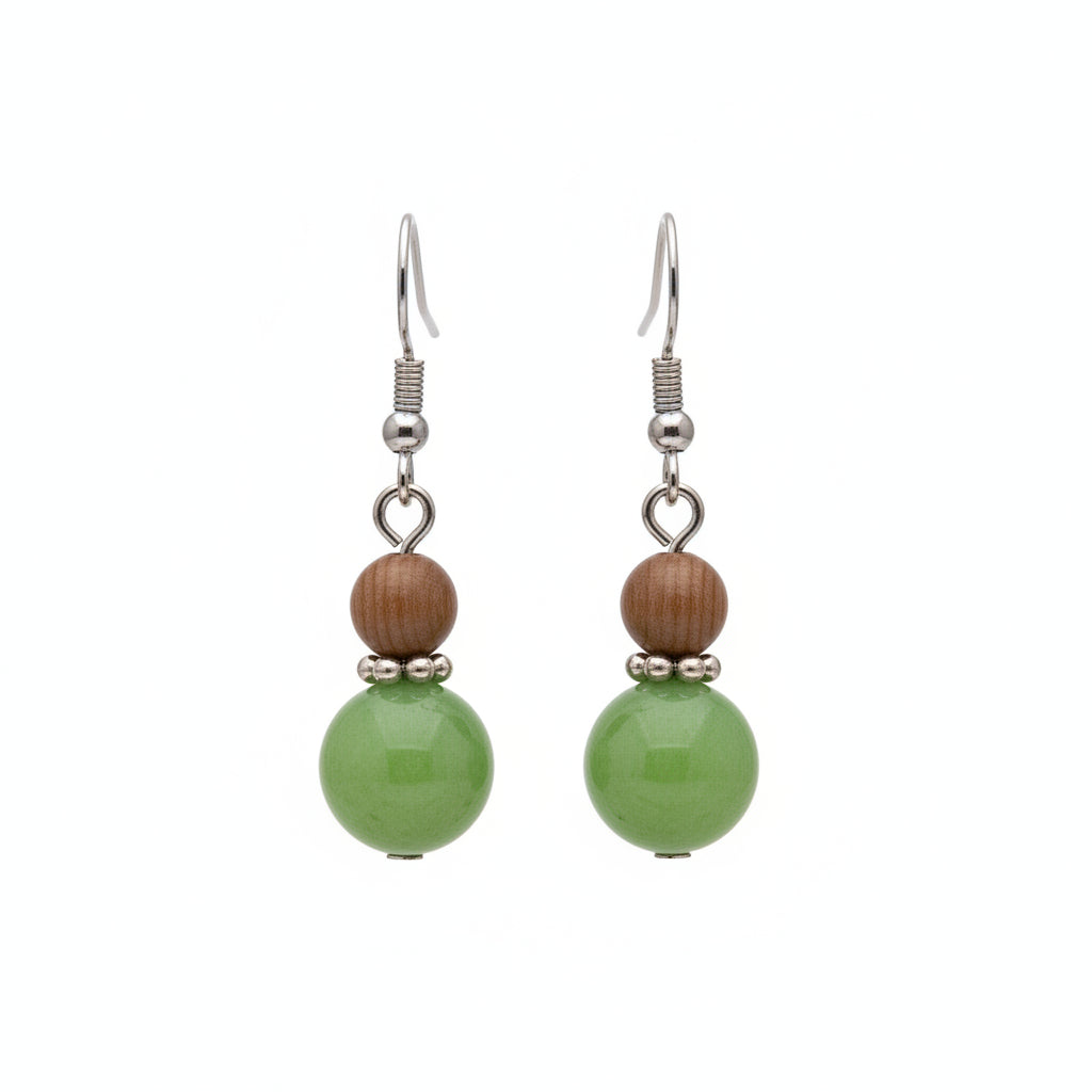 Green Wood & Jade Silvertone ‌Gourd‌-Shape Hook Earrings - Street Region