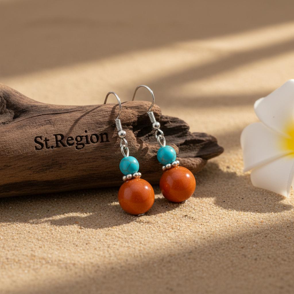 Brown Jade and Turqouise Silvertone ‌Gourd-Shape Hook Earrings, silver drop earrings for women, front view