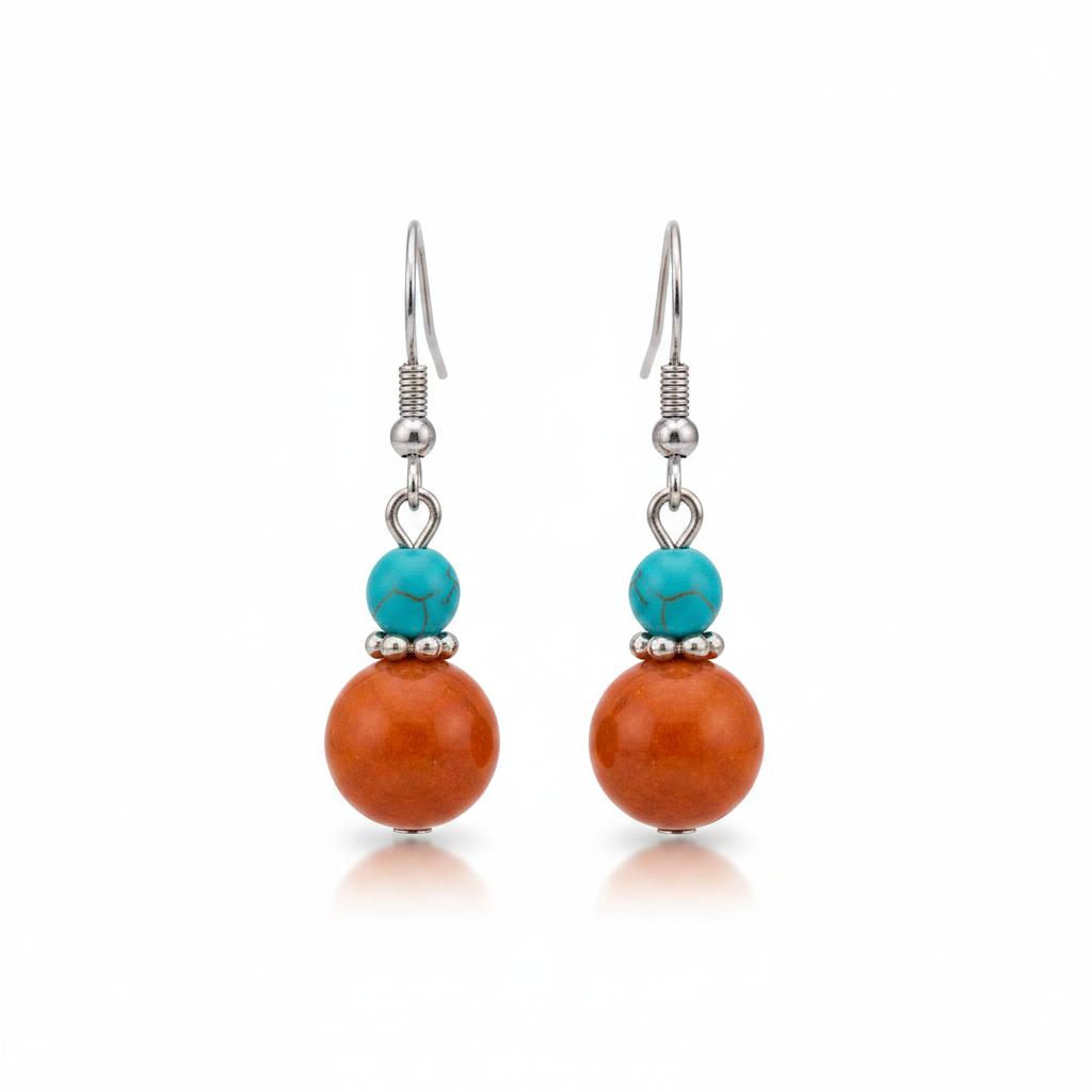 Brown Jade and Turqouise Silvertone ‌Gourd-Shape Hook Earrings, silver drop earrings for women, side view