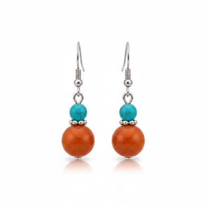 Brown Jade and Turqouise Silvertone ‌Gourd-Shape Hook Earrings, silver drop earrings for women, side view