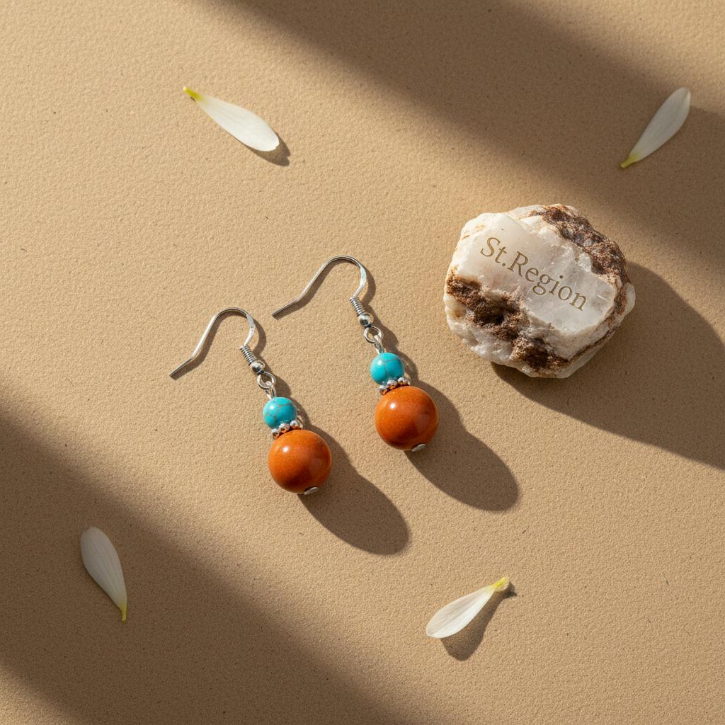 Brown Jade and Turqouise Silvertone ‌Gourd-Shape Hook Earrings, silver drop earrings for women, detail close-up