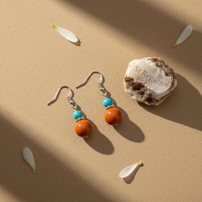 Brown Jade and Turqouise Silvertone ‌Gourd-Shape Hook Earrings, silver drop earrings for women, detail close-up